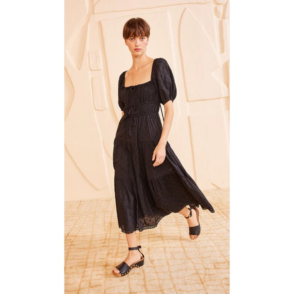 Ulla Johnson Black Palma Cotton Maxi Dress Tiered Size 4 Puff Sleeve Dotted Noir